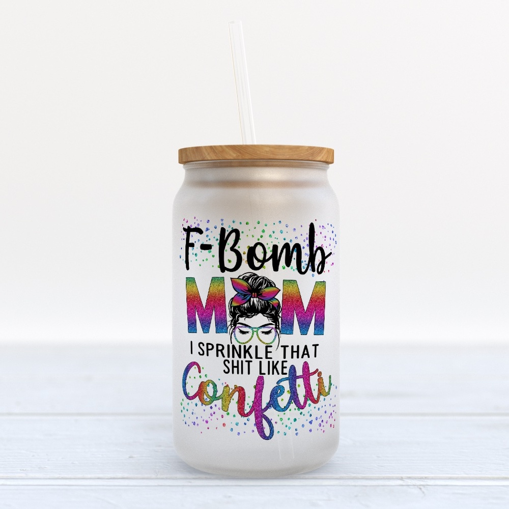 F-Bomb Mom 16oz Glass Can, Iced Coffee